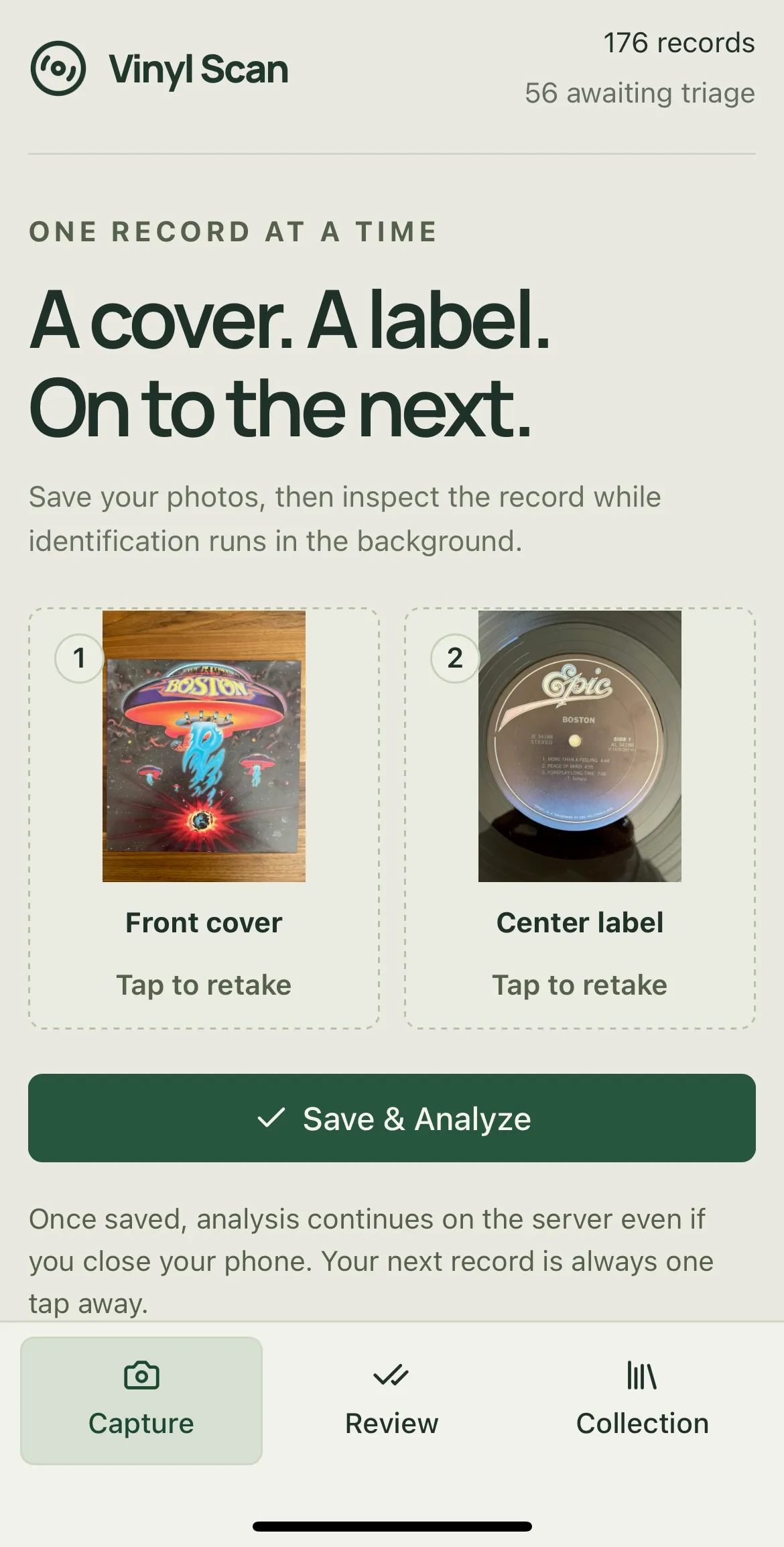 Phone capture screen with cover and label photos